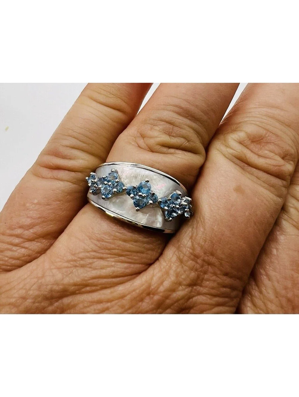 Stauer Pearl Topaz Ring swiss blue silver 925 Sz 7 luxury statement irridescent